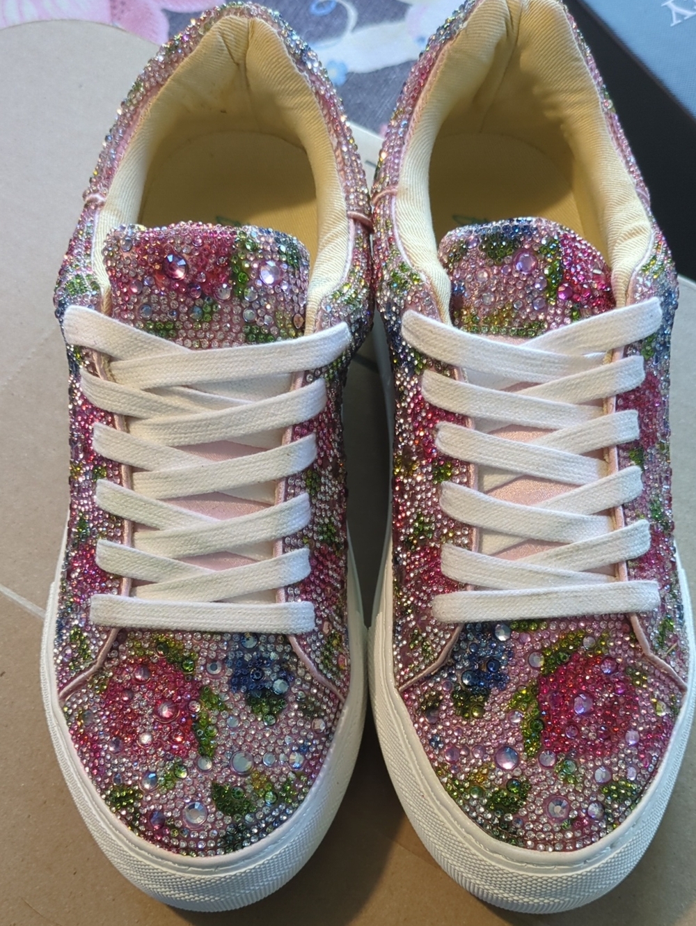 Betsey Johnson Sidny Pink Multi Rhinestone Platform Sneakers NWOB Size 6